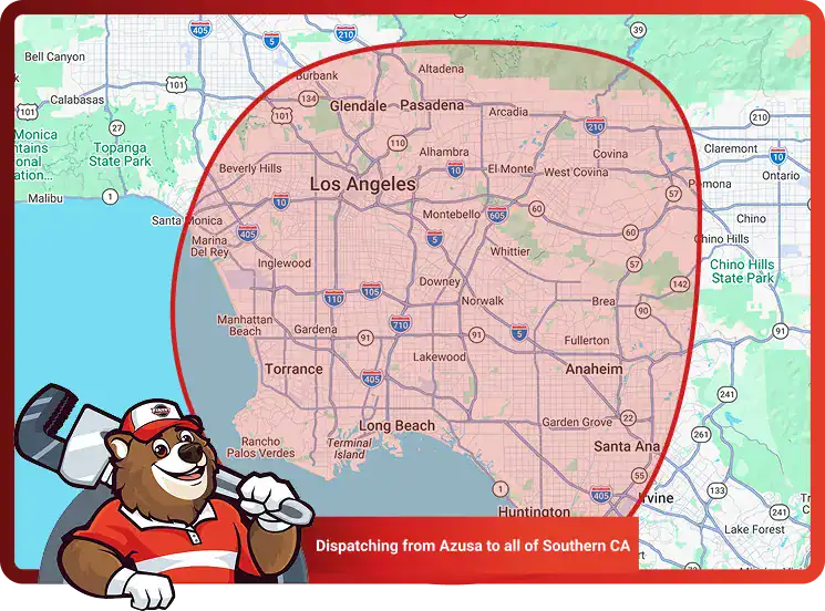 A map highlights a large area of Southern California around Los Angeles. A cartoon bear in uniform is shown at the bottom left. Text reads: “Dispatching from Azusa to all of Southern CA.”.